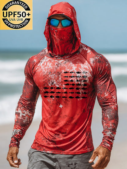 Men's Outdoor Sun Protection Breathable Cool Face Mask Hooded Printed Long-Sleeved Top