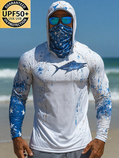Men's Outdoor Sun Protection Breathable Cool Face Mask Hooded Printed Long-Sleeved Top