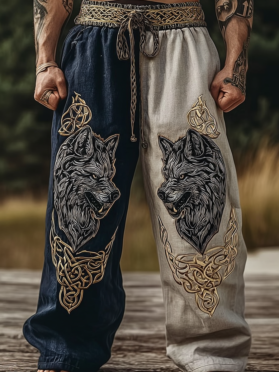 Men's Viking Nordic Rune Wolf Head Totem Two-Tone Knot Sports Pants