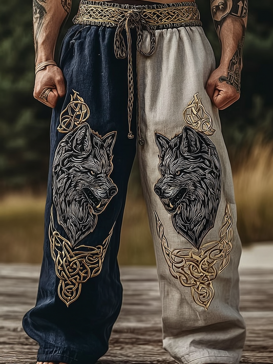 Men's Viking Nordic Rune Wolf Head Totem Two-Tone Knot Sports Pants