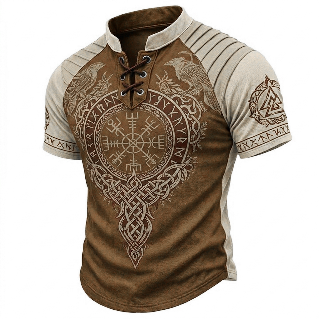 Men's Viking Graphic Lace-Up Henley Short Sleeve Shirt