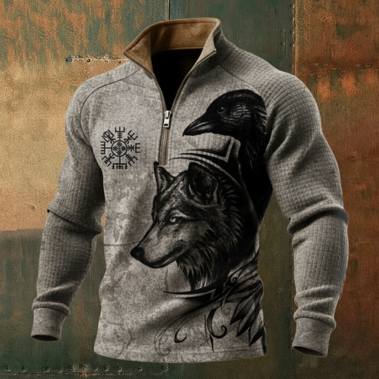 Nordic Viking Style Wolf&Raven Totem Casual Long-Sleeve Shirt