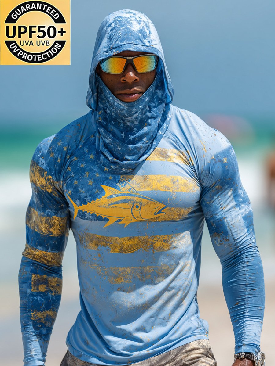 Men's Outdoor Sun Protection Breathable Cool Face Mask Hooded Printed Long-Sleeved Top