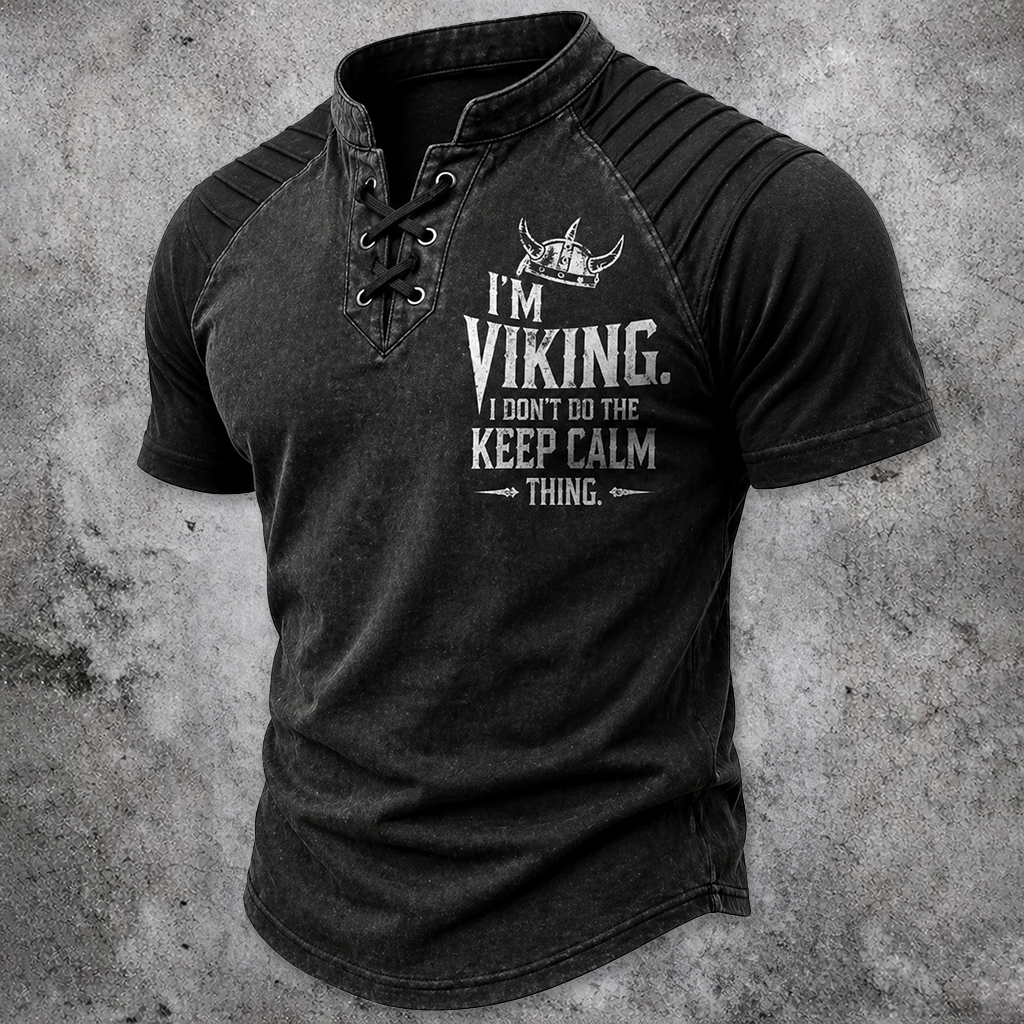 Men's Viking Graphic Lace-Up Henley T-Shirt - Washed Black Stand Collar Short Sleeve