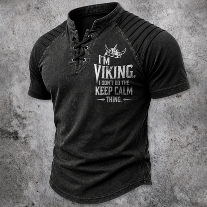 Men's Viking Graphic Lace-Up Henley T-Shirt - Washed Black Stand Collar Short Sleeve