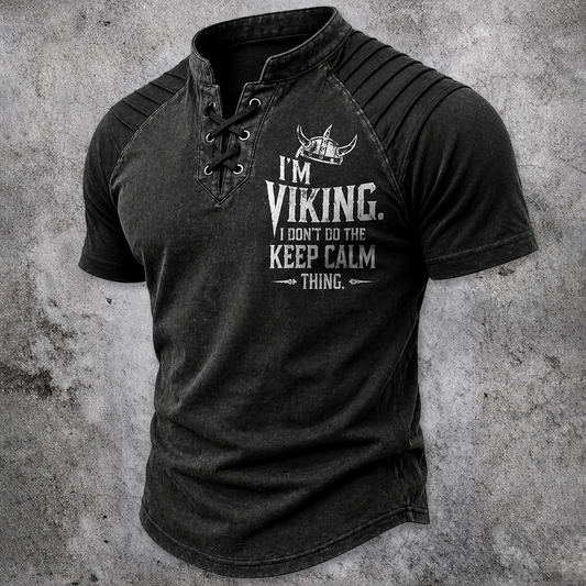 Men's Viking Graphic Lace-Up Henley T-Shirt - Washed Black Stand Collar Short Sleeve