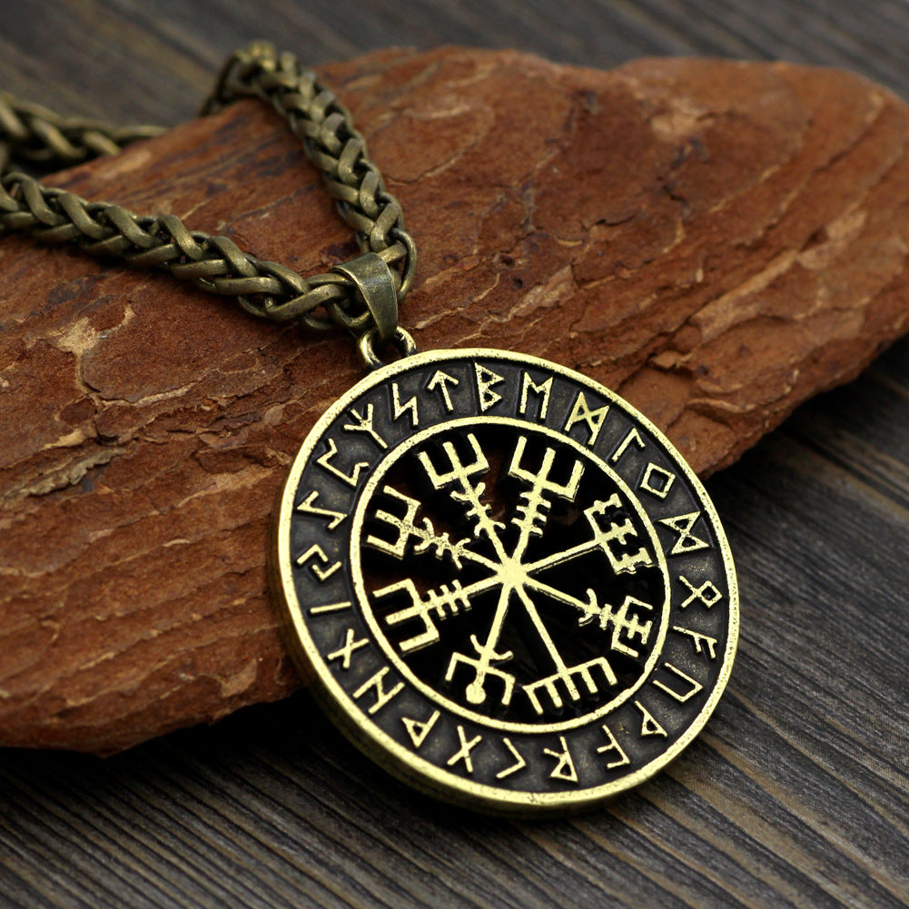 Nordic Viking Runavin Odin Logo Compass Pendant Necklace Men's Trendy Jewelry Long Style