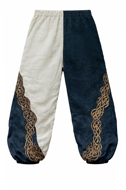 Vintage Forest Wolf & Celtic Knot Patchwork Printed Casual Cotton-Linen Pants