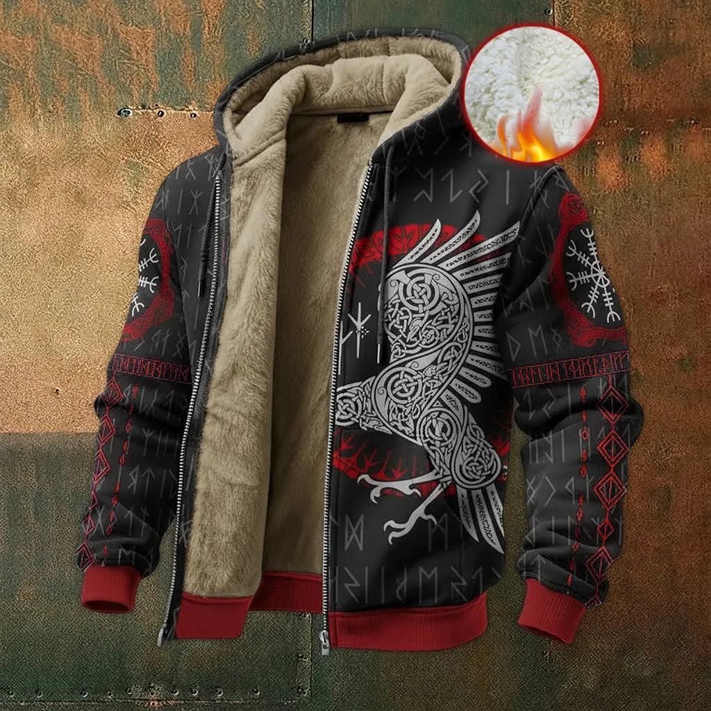 Viking Nordic Style Raven Rune Fleece Inner Lined Winter Hoodie