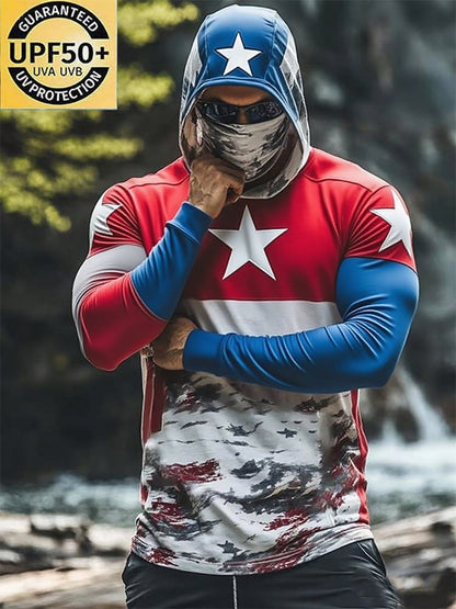 Men's Outdoor Sun Protection Breathable Cool Mask American Flag Print Hooded Sun Protection Long Sleeve Top
