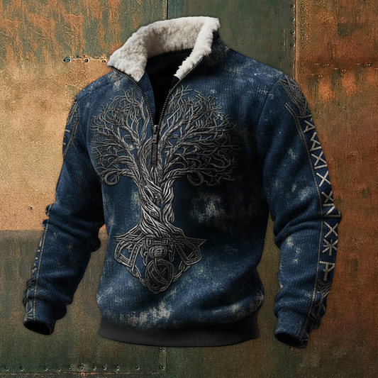 Nordic Viking Style Retro Tree Of Life Fleece Collar Casual Long-Sleeve Sweatshirt