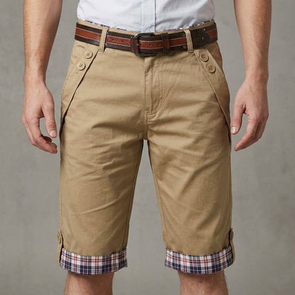 Tailored Shorts with Plaid Turn-Up Hem and Button Accents