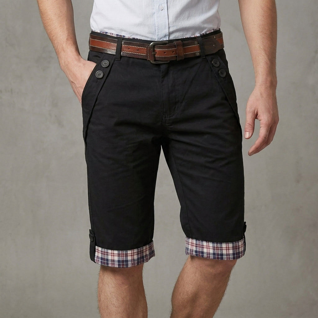 Tailored Shorts with Plaid Turn-Up Hem and Button Accents