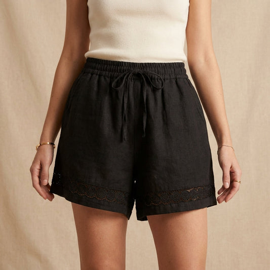 Relaxed-Fit Shorts with Embroidered Lace Hem and Drawstring Waist