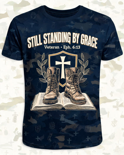 Christian Shirt Cross - Still Standing By Grace Short Sleeve AOP Tee