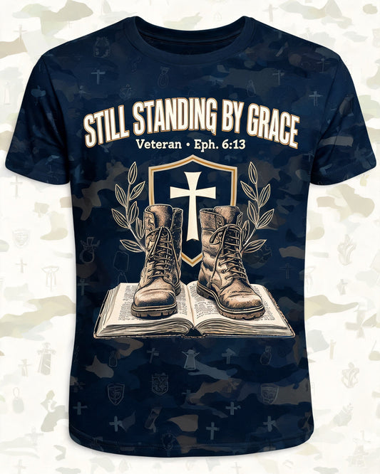 Christian Shirt Cross - Still Standing By Grace Short Sleeve AOP Tee