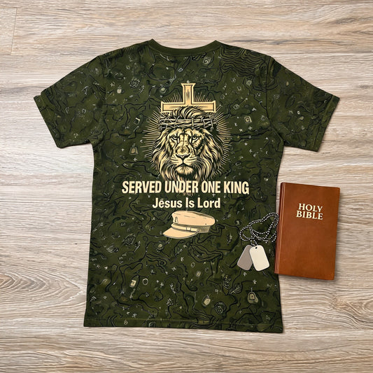 Christian Shirt Lion - Served Under One King Lion Of Judah AOP Tee