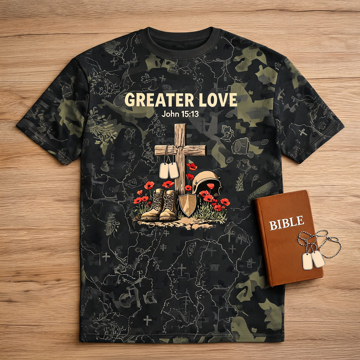 Christian Shirt Green - Greater Love Veteran Short Sleeve AOP Tee