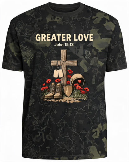 Christian Shirt Green - Greater Love Veteran Short Sleeve AOP Tee