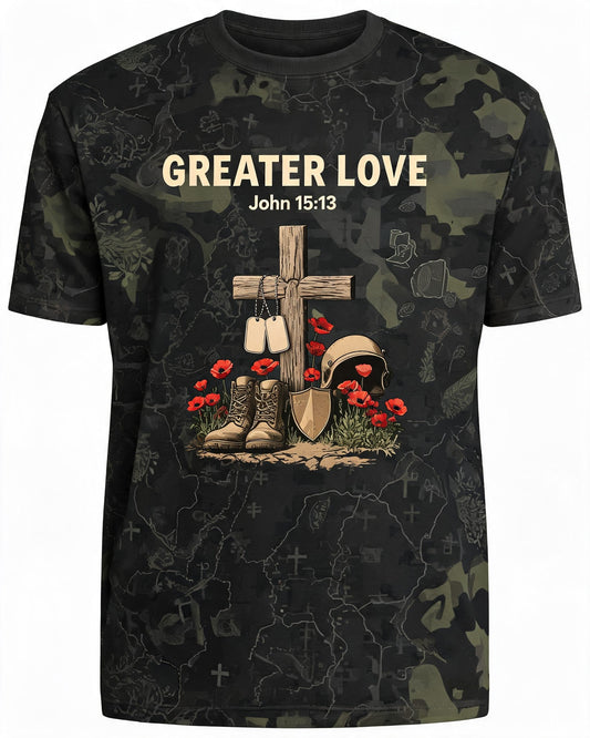 Christian Shirt Green - Greater Love Veteran Short Sleeve AOP Tee