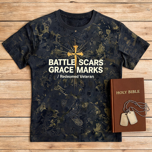 Christian Shirt Minimalist - Battle Scars Grace Marks Short Sleeve AOP Tee