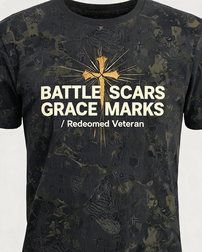 Christian Shirt Minimalist - Battle Scars Grace Marks Short Sleeve AOP Tee