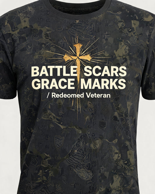 Christian Shirt Minimalist - Battle Scars Grace Marks Short Sleeve AOP Tee