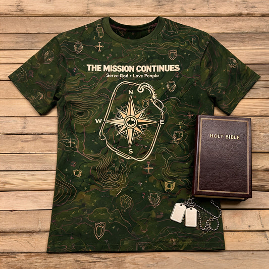 Christian Shirt Camo - The Mission Continues Short Sleeve AOP Tee