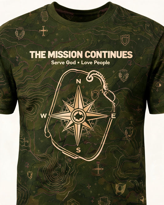 Christian Shirt Camo - The Mission Continues Short Sleeve AOP Tee