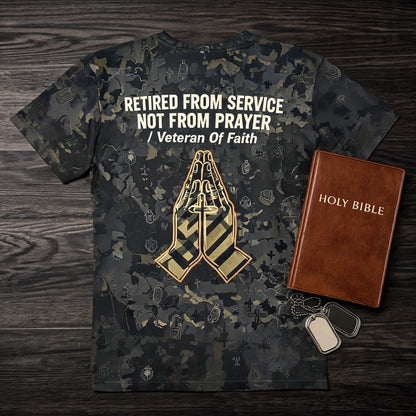 Christian Shirt Cross - Retired From Service Not From Prayer Short Sleeve AOP Tee