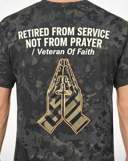 Christian Shirt Cross - Retired From Service Not From Prayer Short Sleeve AOP Tee