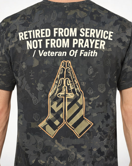 Christian Shirt Cross - Retired From Service Not From Prayer Short Sleeve AOP Tee