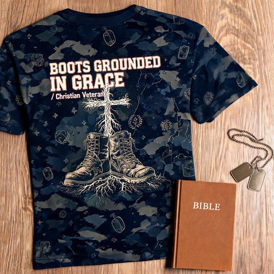 Christian Veteran Shirt - Boots Grounded In Grace Short Sleeve AOP Tee