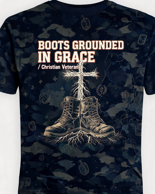 Christian Veteran Shirt - Boots Grounded In Grace Short Sleeve AOP Tee