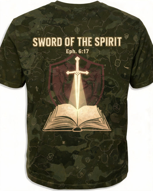 Christian Shirt Green - Sword Of The Spirit Veteran Short Sleeve AOP Tee