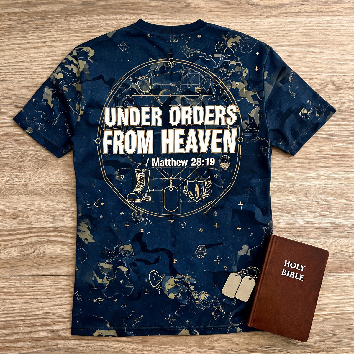 Mens Christian Shirts God Is Good - Under Orders From Heaven Short Sleeve AOP Tee
