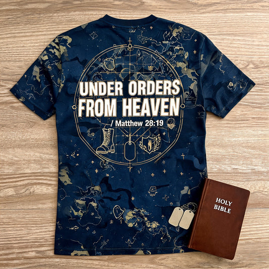Mens Christian Shirts God Is Good - Under Orders From Heaven Short Sleeve AOP Tee