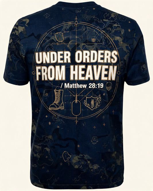 Mens Christian Shirts God Is Good - Under Orders From Heaven Short Sleeve AOP Tee