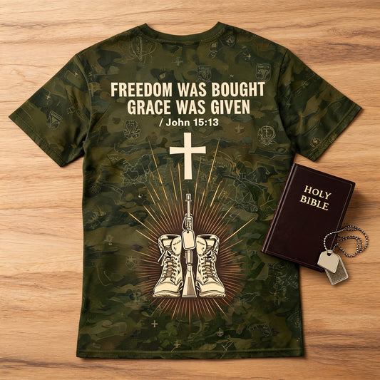 Christian Shirt Cross - Freedom Was Bought Grace Was Given Short Sleeve AOP Tee