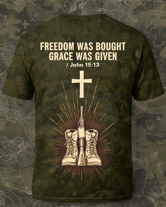 Christian Shirt Cross - Freedom Was Bought Grace Was Given Short Sleeve AOP Tee