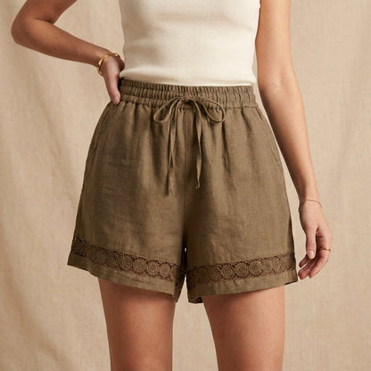 Relaxed-Fit Shorts with Embroidered Lace Hem and Drawstring Waist