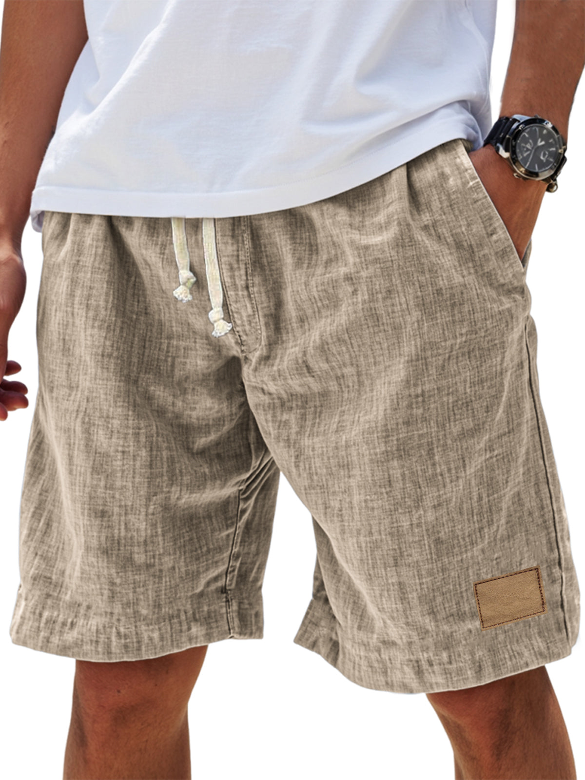 Men's Breathable Linen Loose Fit Embroidered Logo Casual Holiday Shorts