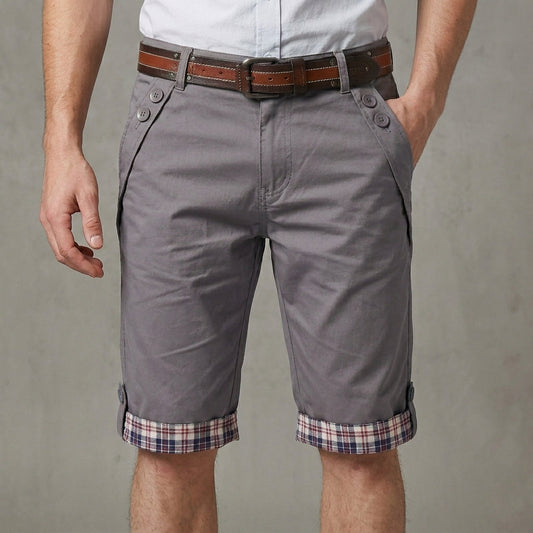 Tailored Shorts with Plaid Turn-Up Hem and Button Accents