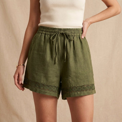 Relaxed-Fit Shorts with Embroidered Lace Hem and Drawstring Waist