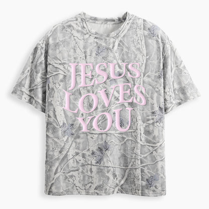 Jesus Loves You Christian Puff Printed Camo T-Shirt