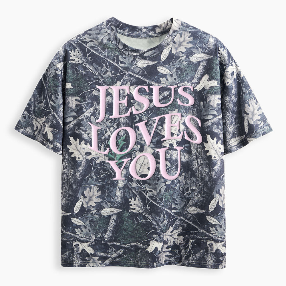 Jesus Loves You Christian Puff Printed Camo T-Shirt
