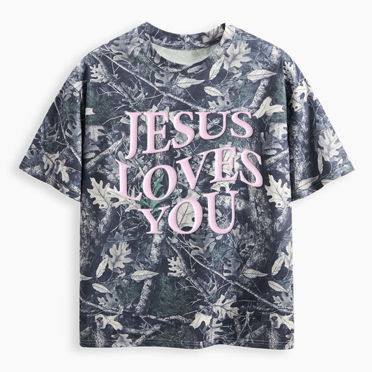 Jesus Loves You Christian Puff Printed Camo T-Shirt