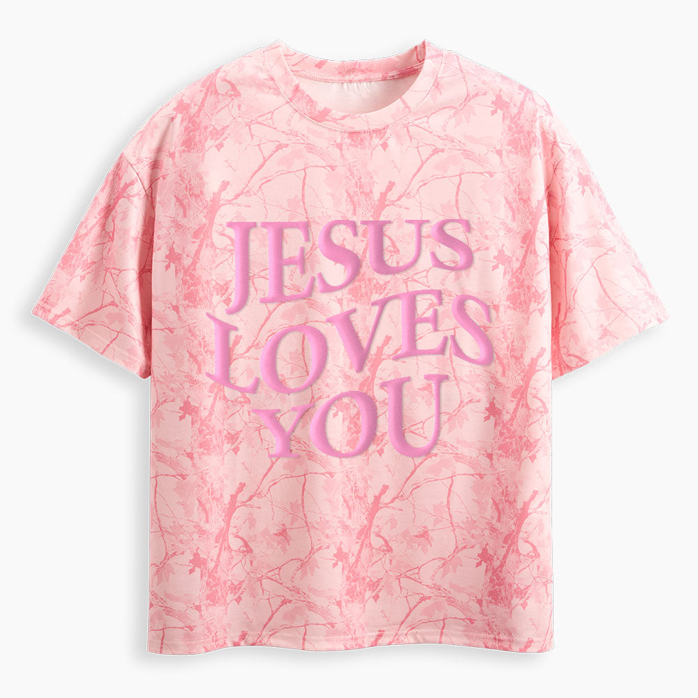 Jesus Loves You Christian Puff Printed Camo T-Shirt