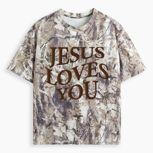 Jesus Loves You Christian Puff Printed Camo T-Shirt