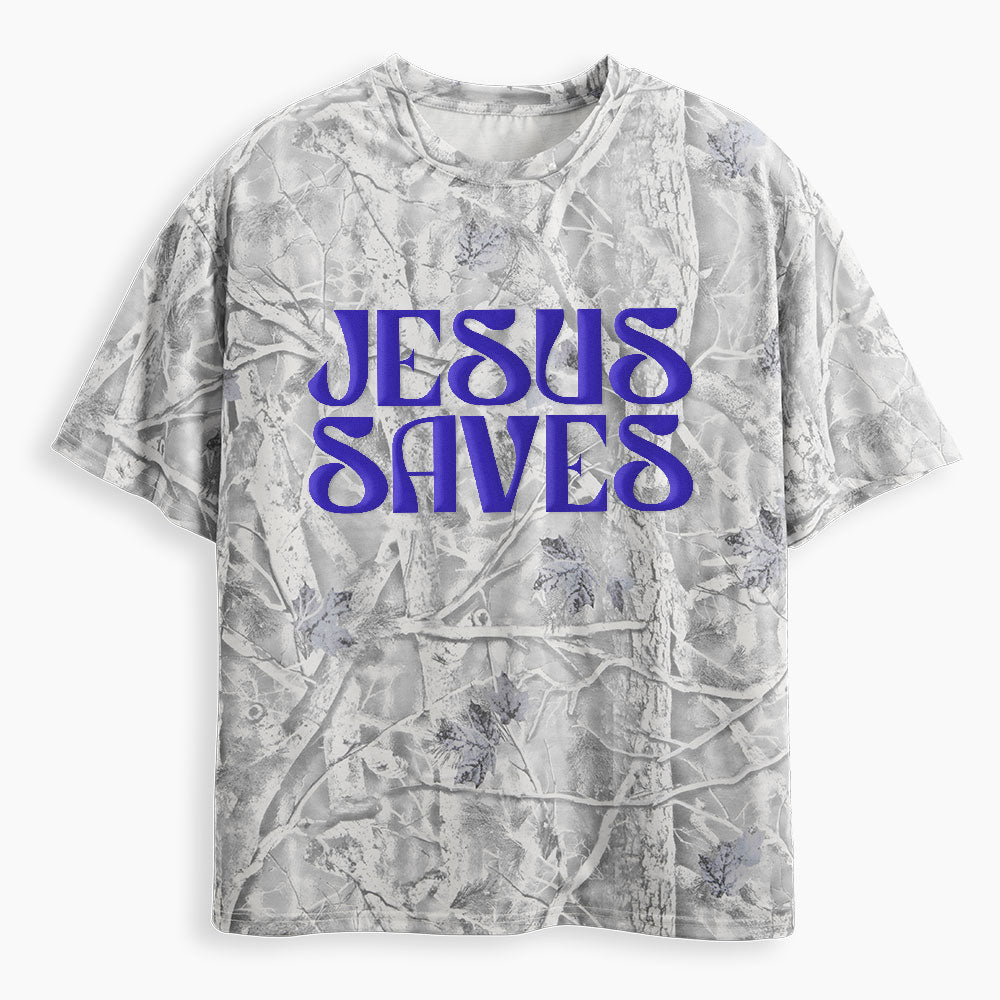 Jesus Saves Christian Puff Printed Camo T-Shirt